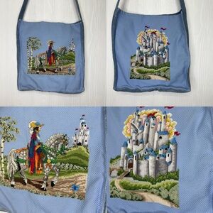 Hand made cross stitch prince/castle denim bag